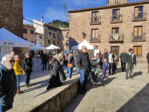 Imatge de púbics a la plaça del Monestir, al poble de l'Estany, escoltant les intervencions de les persones guanyadors a l'acte de lliurament de premis als Jocs Florals Rurals 22. Fa sol i hi ha gent de totes les edats escoltant amb atenció
