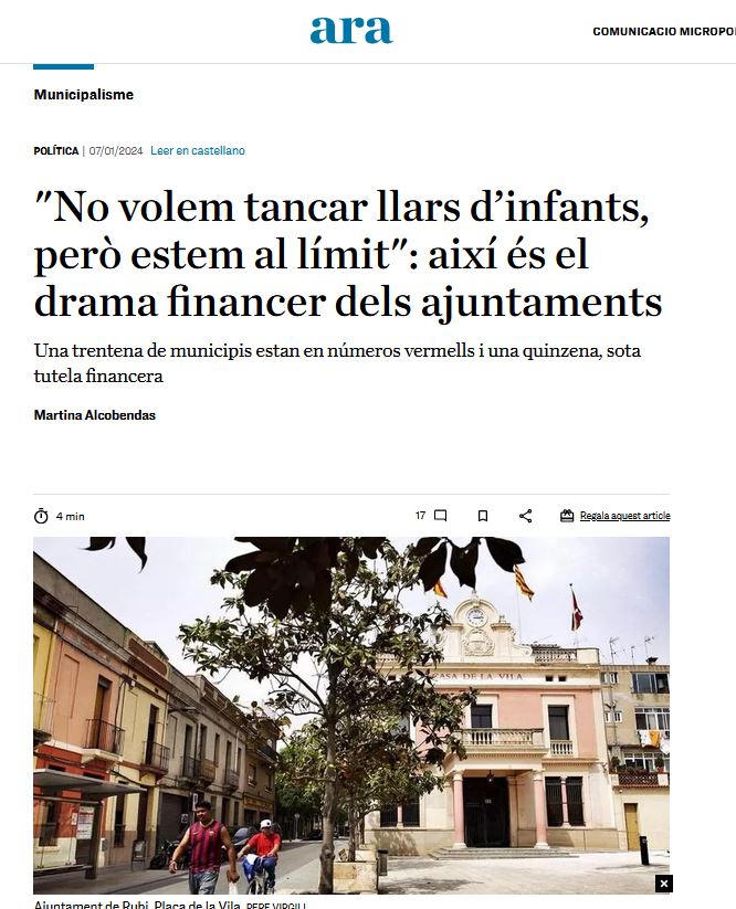 El diari Ara posa el focus en la situació financera dels ajuntaments