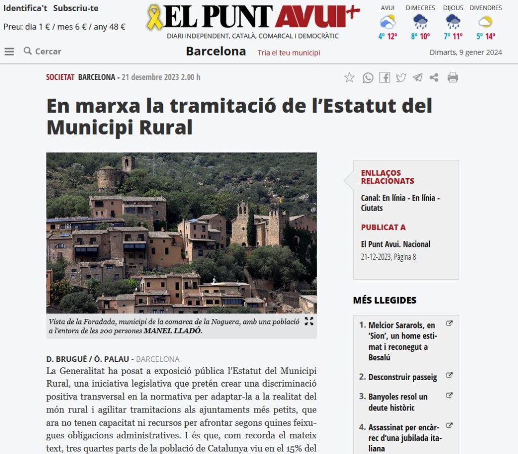 La tramitació de l’Estatut del Municipi Rural a El Punt Avui