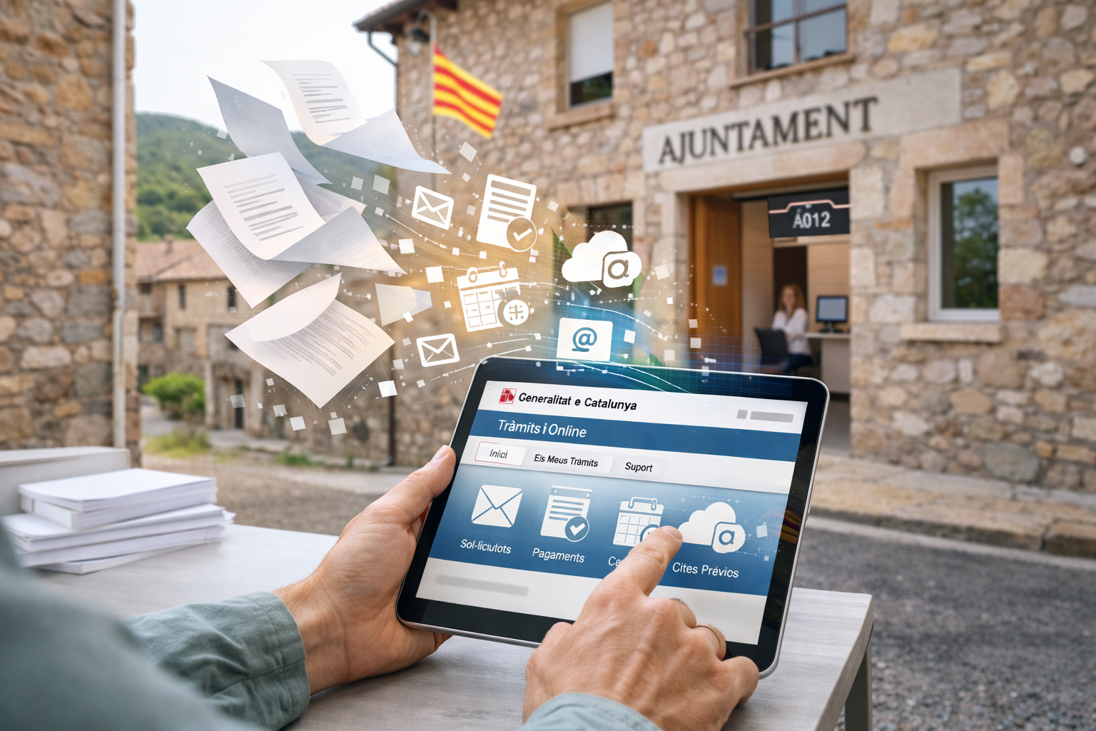 Imatge generada pel, Xat GPT d'una façana d'un ajuntament de poble de la que surten papers vonant i una tauleta en primer pla. Vol servir per a il·lustrar la simplificació admistrativa a rural